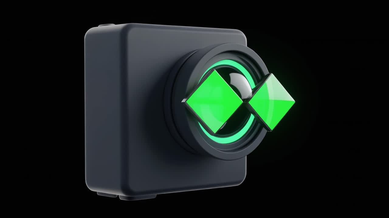 Render 3D di una Fotocamera Futuristica con Obiettivo Verde Luminescente