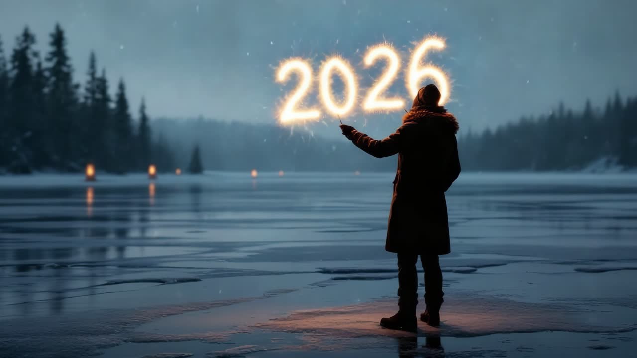 Individuo vestito con un caldo cappotto invernale sta su un lago ghiacciato, creando l'anno 2026 con una stellina, circondato da un sereno paesaggio invernale, evocando un senso di celebrazione e speranza.