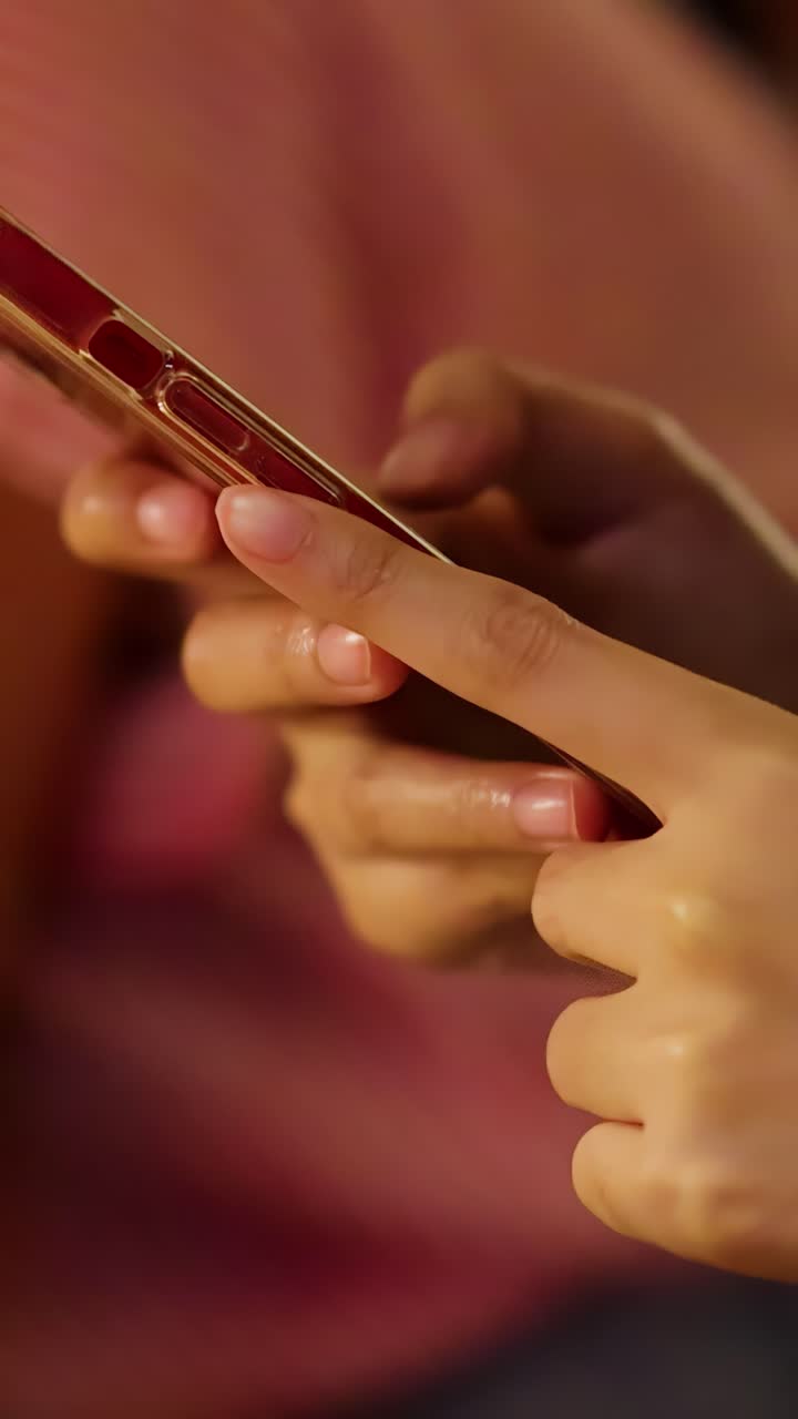 Primo piano della mano di una persona che scorre su uno smartphone rosso, con un'illuminazione calda e soffusa e una profondità di campo ridotta in un ambiente interno informale.