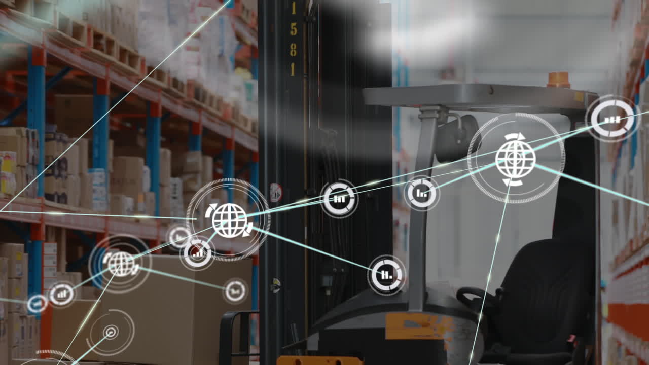animación de la red de conexiones con iconos sobre el hombre que trabaja en el almacén