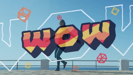 animation of word wow over woman dancing on promenade by the sea