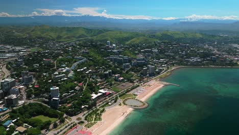 Ela-Beach-Point-Port-Moresby-APEC-Haus-Kongresszentrum-Hauptstadt-Zentrales-Geschäftsviertel-Luftbild-Drohne-Papua-Neuguinea-PNG-Verkehr-Autos-Idlers-Bay-Hilton-Marriott-Crowne-Plaza-Vorwärts-Abwärts