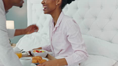 Black-couple,-anniversary-and-breakfast-in-bed