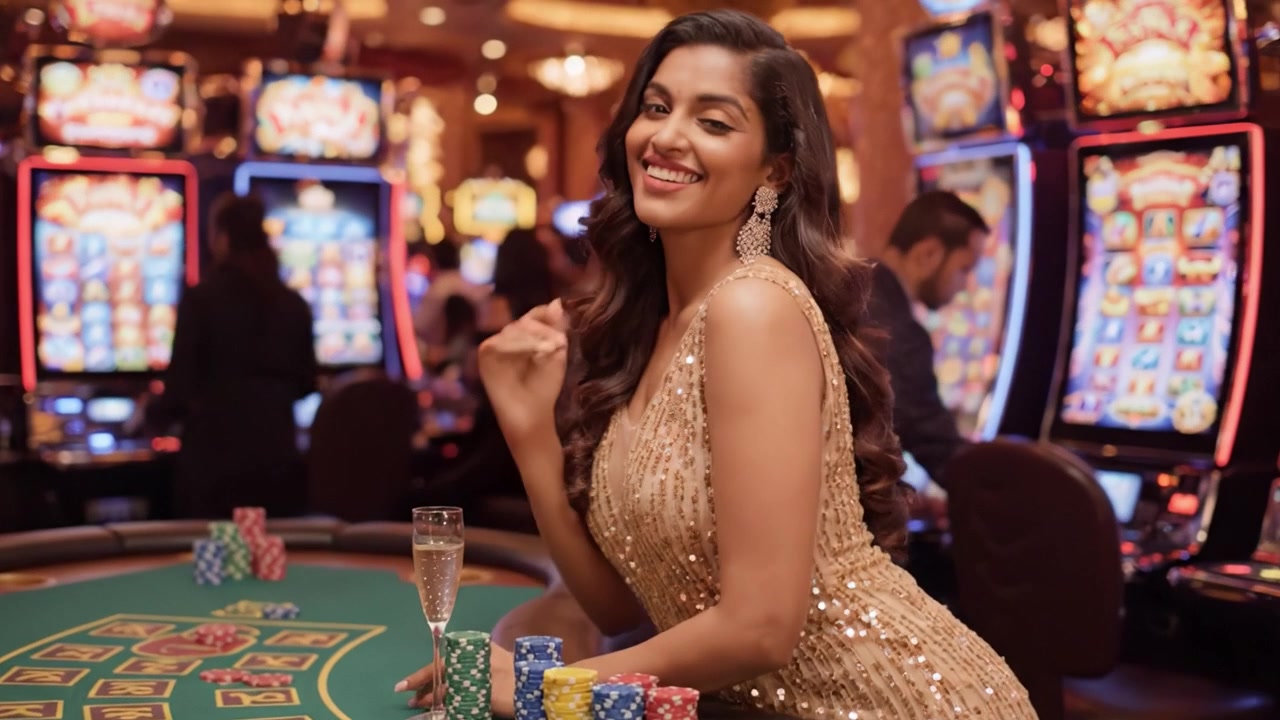 Una serata glamour al casinò mostra un individuo elegante che celebra un momento vincente, adornato con un abito scintillante e che alza un bicchiere tra vivaci slot machine.