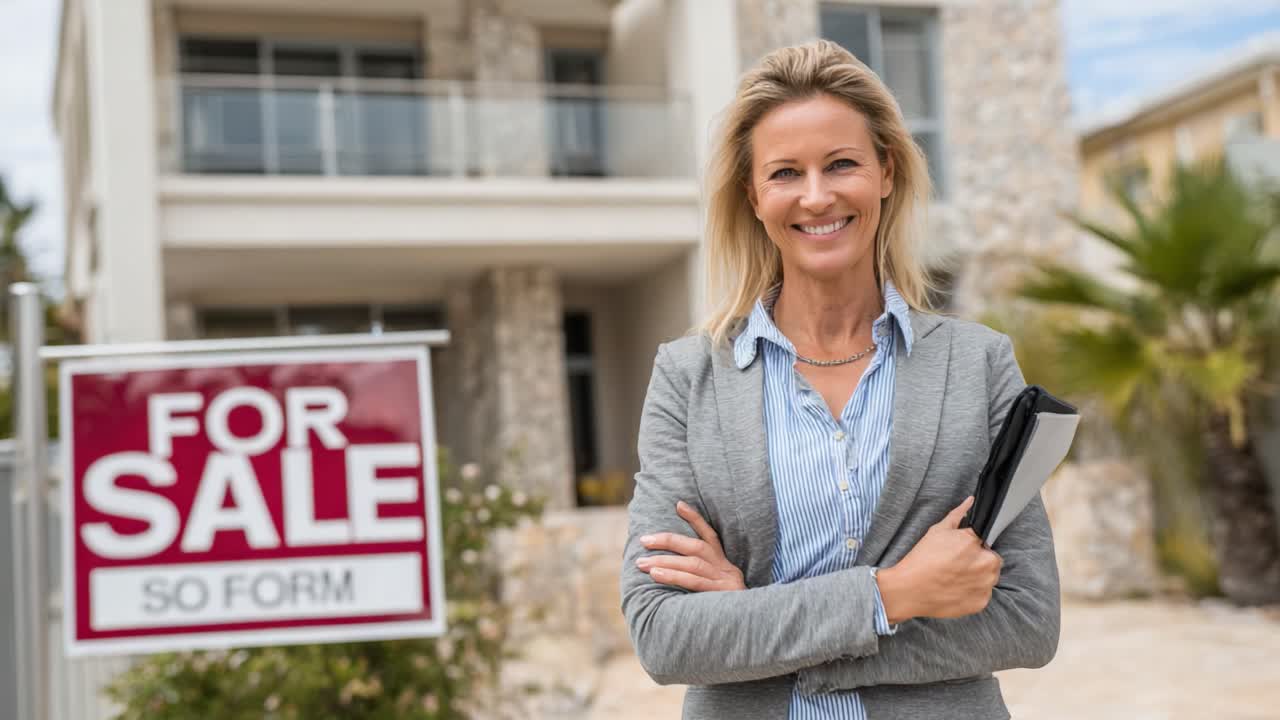 A Confident Real Estate Agent Standing Proudly in Front of a Beautiful Property Ready for Sale, Showcasing Professionalism and Market Opportunities