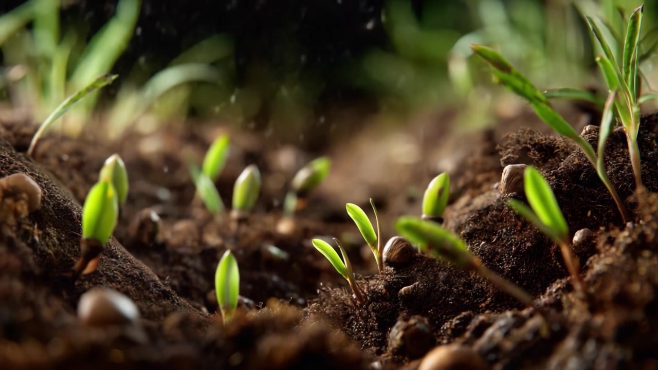 Fresh Green Sprouts Emerging from Rich Dark Soil in a Natural Environment, Showcasing the Growth Process of Young Plants Under Perfect Lighting Conditions