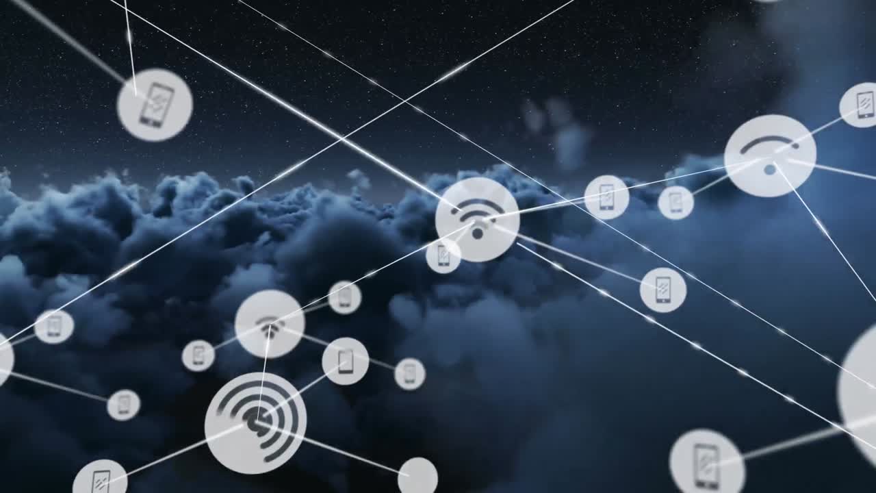 red de iconos digitales contra nubes oscuras en el cielo