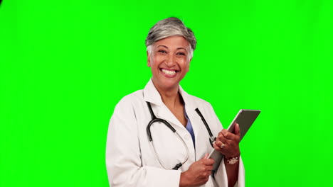 Tablet,-woman-and-face-of-doctor-on-green-screen