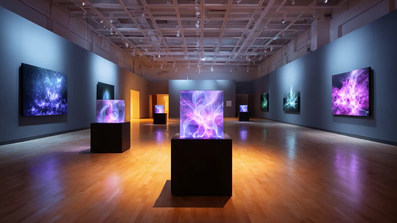 Uma galeria de arte encantadora com exibições abstratas coloridas com efeitos de luz, apresentando cubos iluminados e arte de plano de fundo vibrante em um espaço moderno