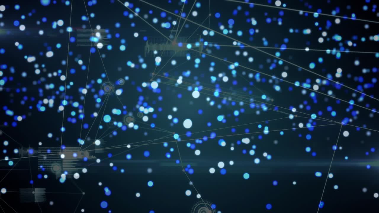 Glowing spheres drifting on dark teal backdrop igniting network with HUD pulsing showing data flow