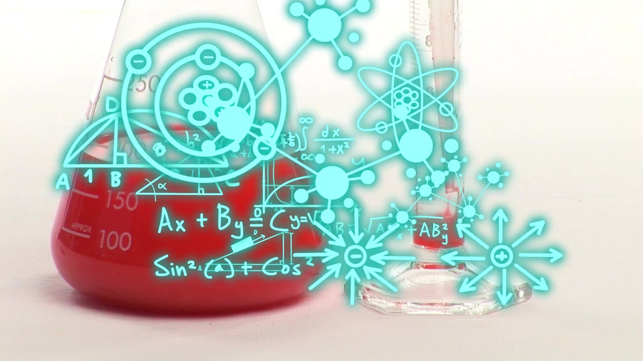 Pipette lowering and adding red liquid into Erlenmeyer flask cyan icons spreading showing chemistry