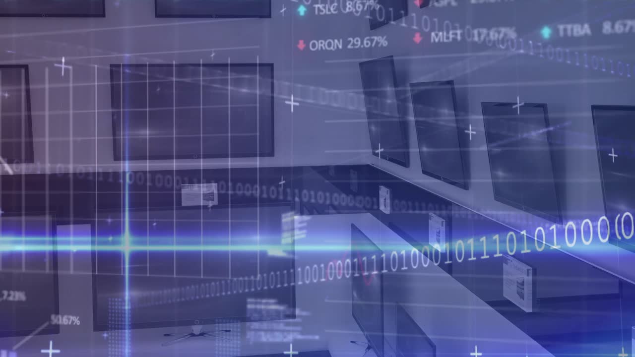 Animation of financial data processing and binary coding over grid and television sets