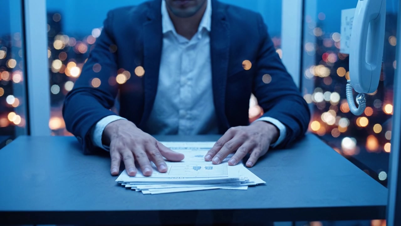A focused individual reviewing important documents on a desk while seated near a window overlooking a city skyline illuminated by evening lights.