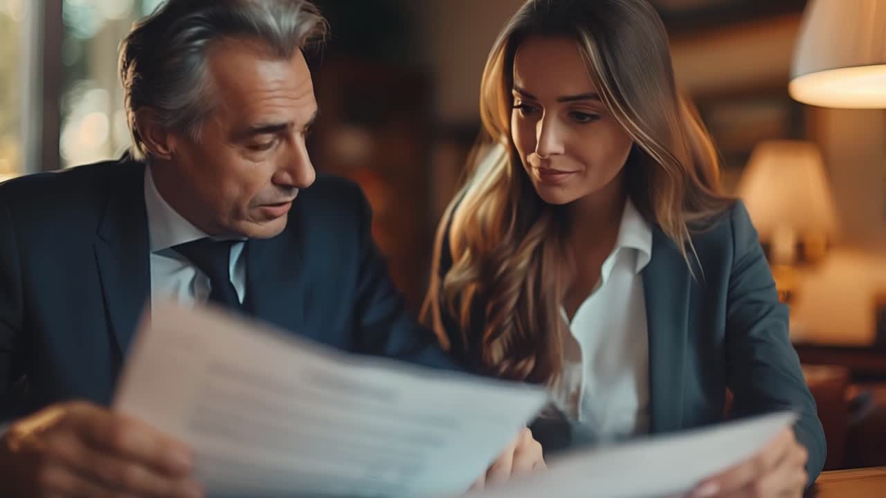 Two business people review documents