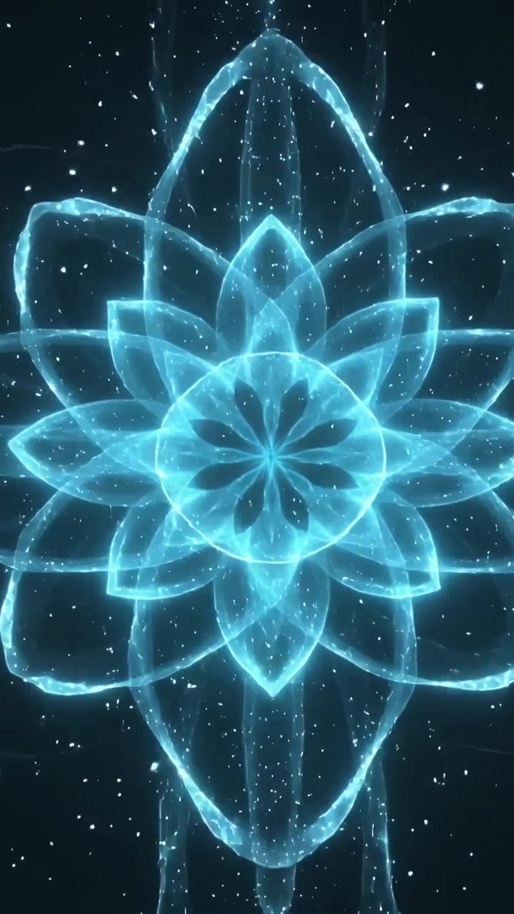 Video verticale: Formazione da un frattale a sei stelle che si espande in petali con archi a spirale, polvere nel vuoto.