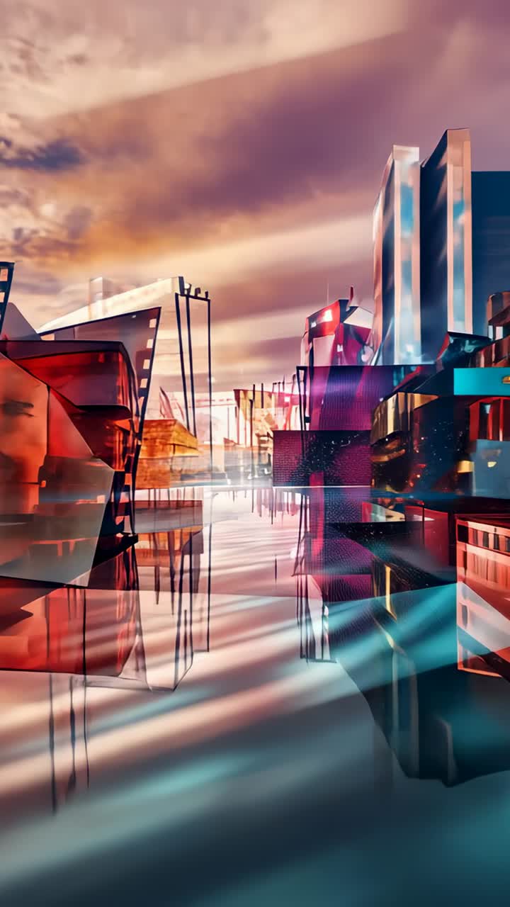 Vertical video: Shifting panels sending glass towers emerging to horizon, revealing light on water