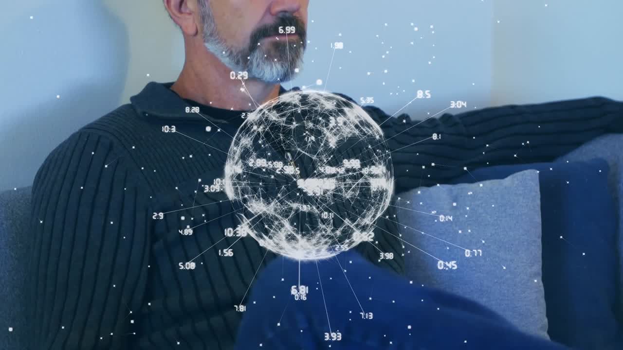 Yhteyksien ja maapallon animaatio sohvalla istuvan iäkkään valkoihoisen miehen yllä