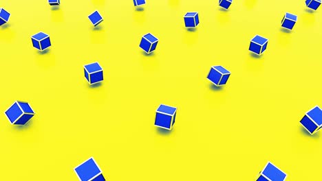 abstract geometric blue 3d rotating cubes on yellow background animation. 4k seamless loop footage.