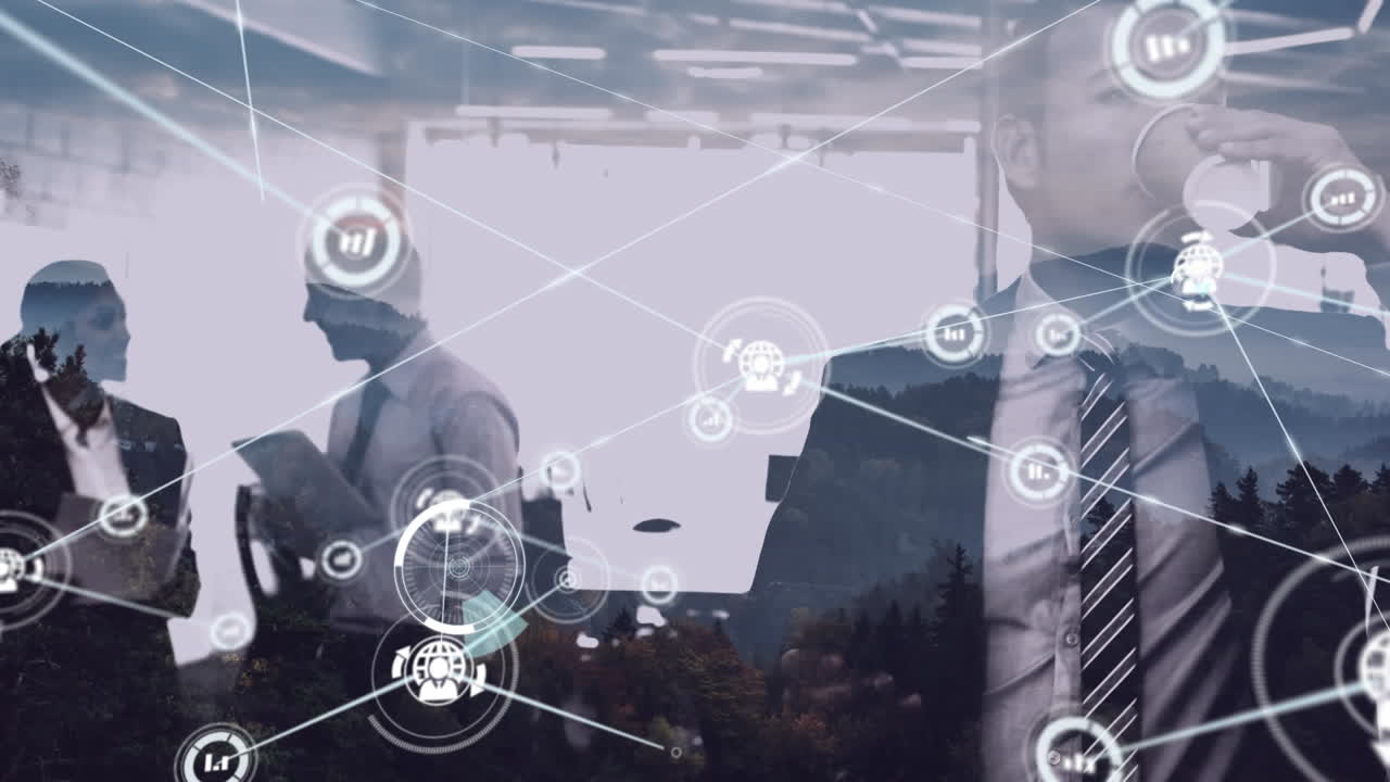 사무실에서 커피를 마시는 사업가에 대한 연결 아이콘의 네트워크