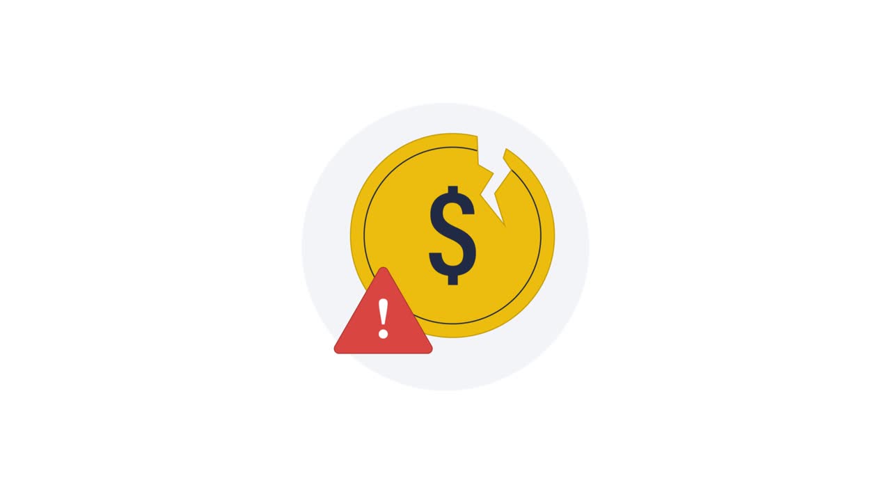 Icono animado de moneda de dólar rota con señal de advertencia