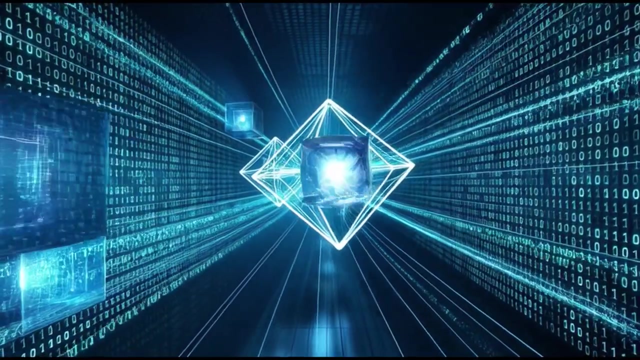Digital Data Stream with Floating Geometric Cubes and Binary Code