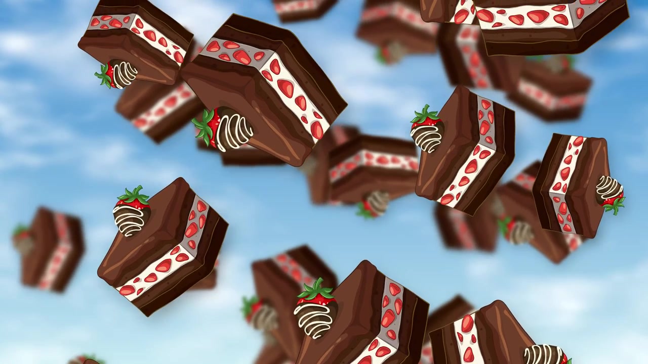 Fette stilizzate di torta al cioccolato con ripieno di fragole cadono continuamente su uno sfondo di cielo azzurro brillante