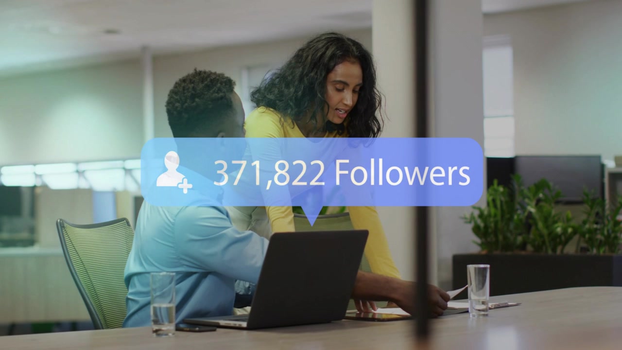 Woman leaning over man tapping phone, follower-count overlay rising, tracking marketing growth