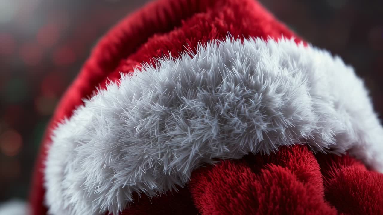 Camera initiating slow pan over 3D-rendered red Santa hat in studio to showcase fur detail