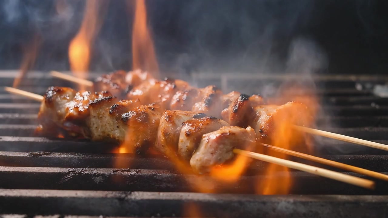 Spiedini di carne che grigliano su fiamme vive su un barbecue