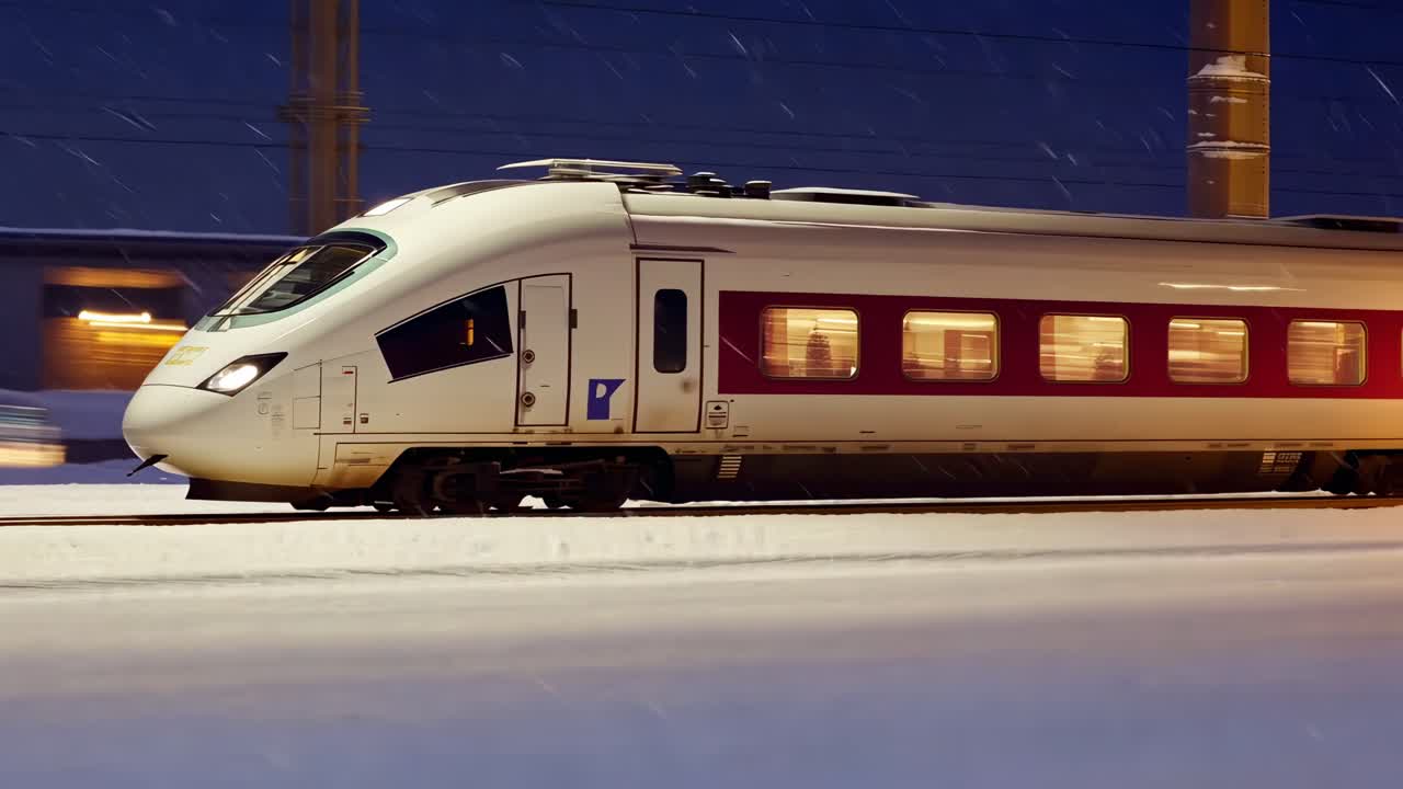 A high-speed train captured in motion at night, side angle. The video conveys speed and modernity
