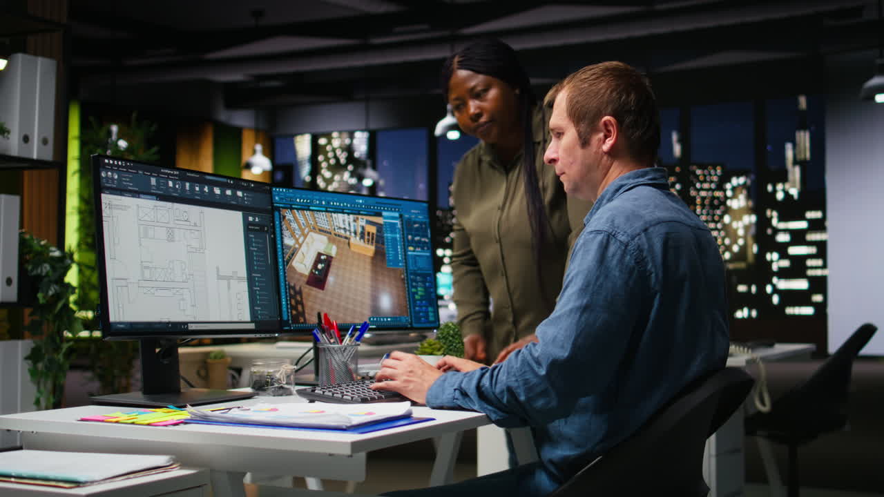 Diverse engineering team designing a floor plan on dual monitors