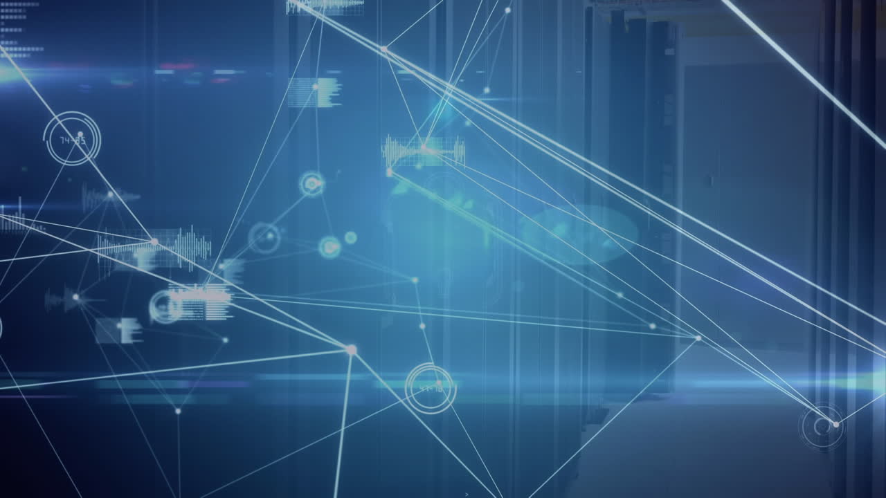 파란색 배경에 대한 빛 트레일에 대한 연결 네트워크와 데이터 처리의 애니메이션