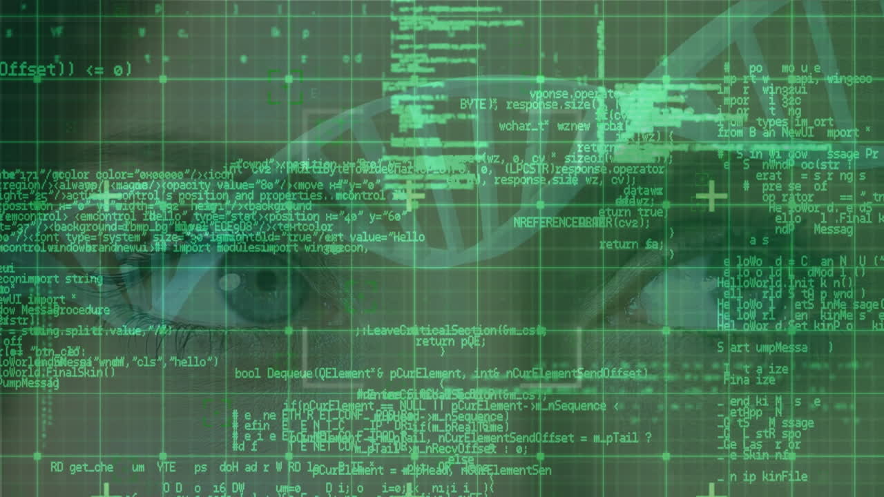 animación de una cadena de adn girando sobre el procesamiento de datos y los ojos de la mujer.