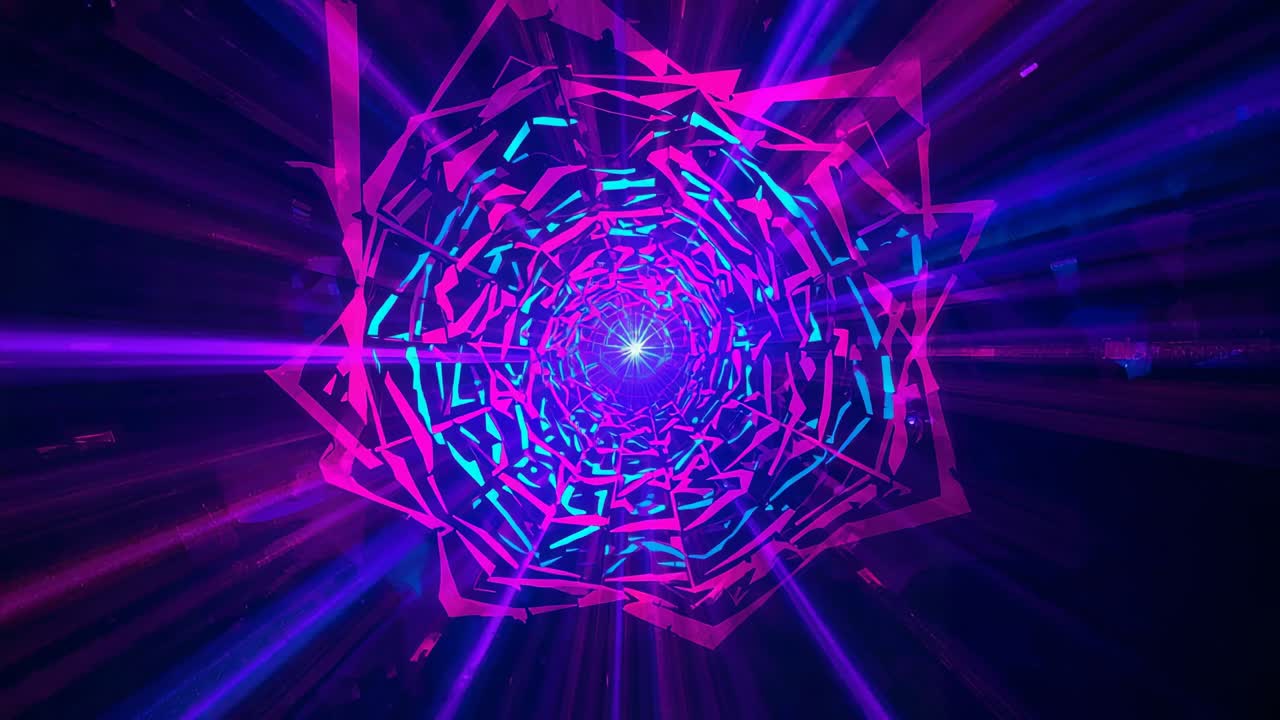 Moving camera into rotating neon tunnel in void, showing star, magenta or cyan shards for depth