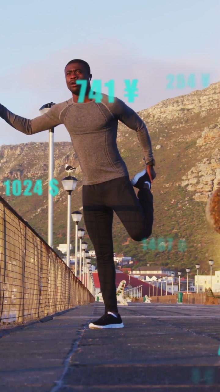Vertical video: Runner warming up using rail and stretching quad, teal digits floating finance