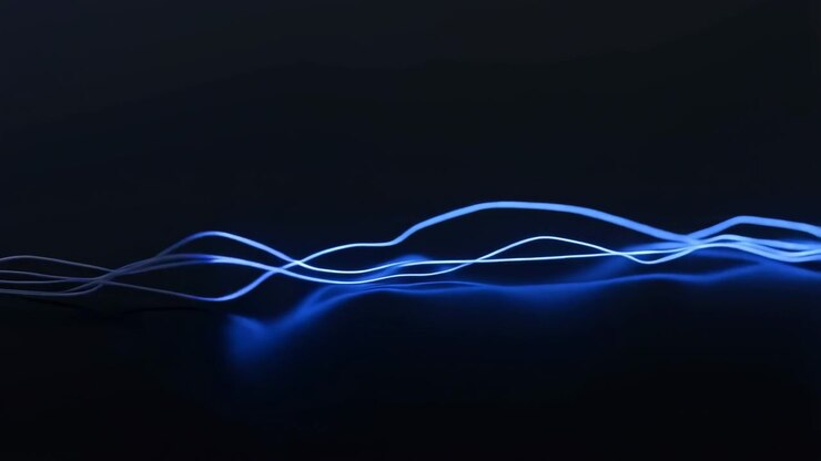 Thin luminous blue ribbon strands stretch across lower part of dark panoramic space, forming layered intertwined filaments with gentle curves, soft reflections, and flowing abstract energy
