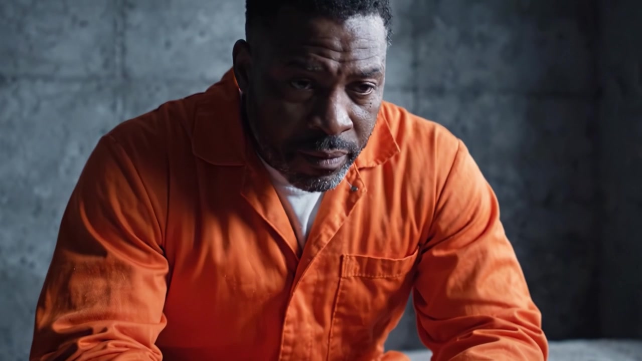 A Contemplative Moment Behind Bars: A Reflection of Solitude and Regret in an Orange Jumpsuit Captured in Two Frames
