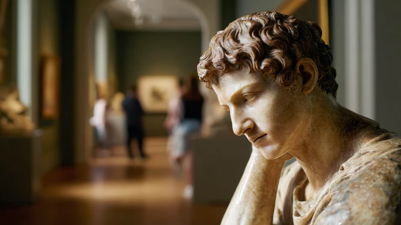 En tankevækkende marmorstatue fremviser indviklet håndværk på et kunstmuseum, hvor besøgende nyder de omkringliggende kunstværker og den stemningsfulde atmosfære.