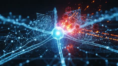 a dynamic visualization of quantum computing and network interactions, showcasing the intersection of data and technology with stunning visual effects