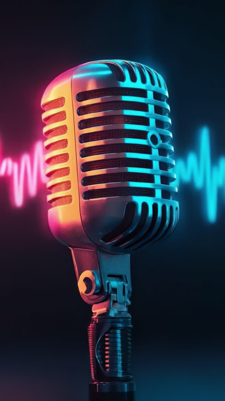 Primo piano accattivante di un microfono vintage circondato da onde sonore al neon, che evoca l'essenza della creazione musicale e ambienti sonori dinamici.