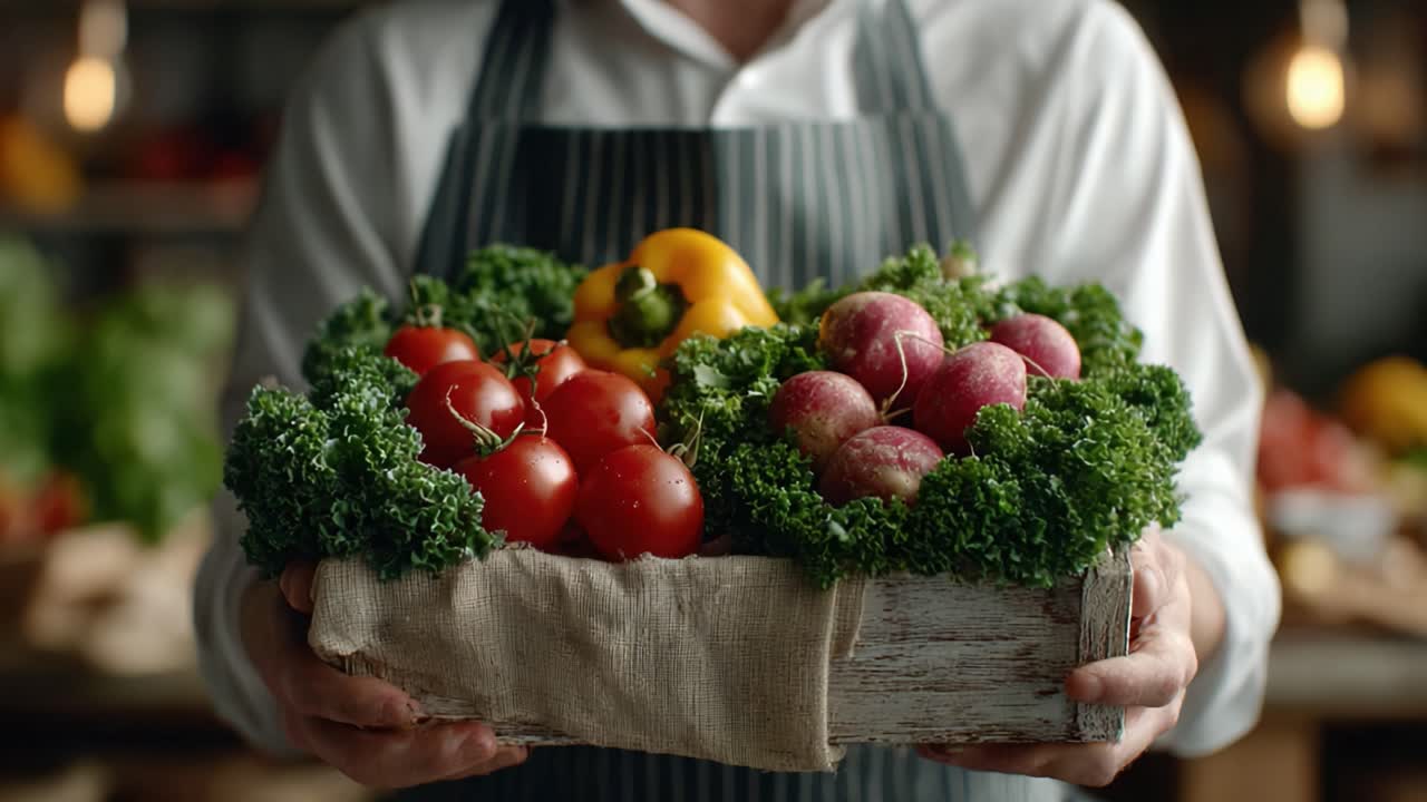 A Person Holding a Freshly Harvested Basket of Colorful Vegetables and Greens, Showcasing Vibrant Produce in a Rustic Setting to Highlight Freshness and Quality