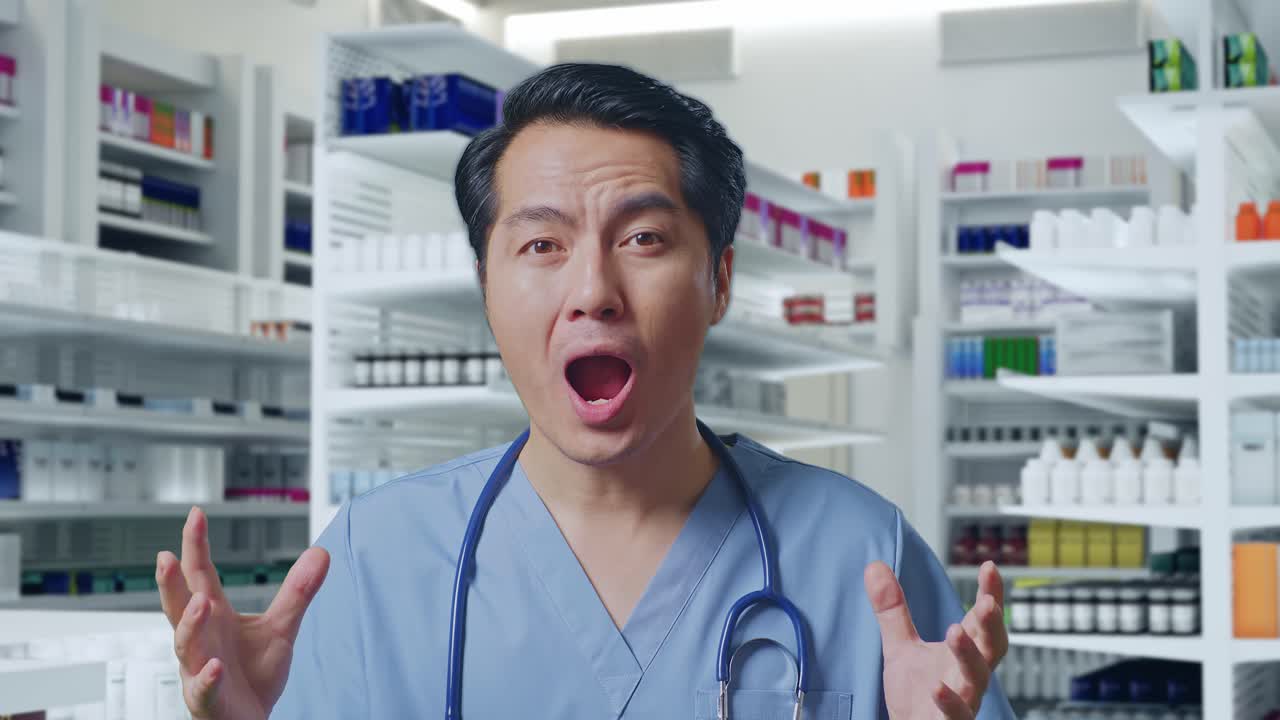 스테토스코프를 들고 있는 아시아 남성 의사의 근접 사진. 제스처를 보여주는 손, 손바닥, 와우라고 말하는 약국에서 웃는 모습.