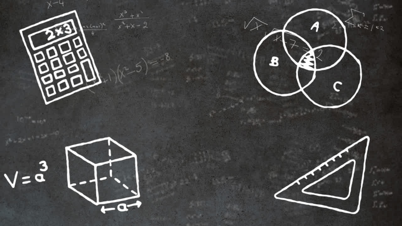 검은 바탕에 수학 방정식 위의 아이콘의 애니메이션