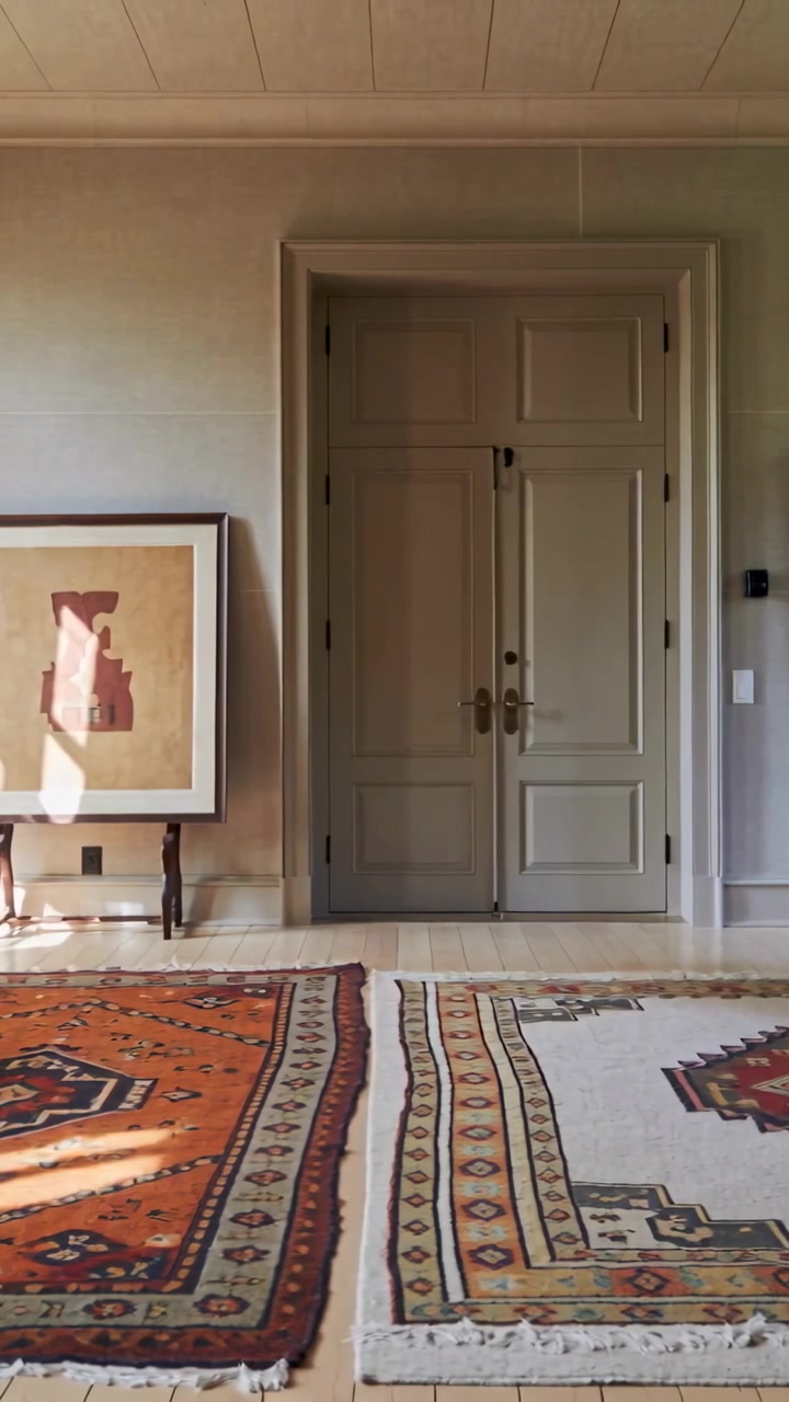 Vertical video: Panning camera across sitting room showing orange rug lighter rug doors framed art