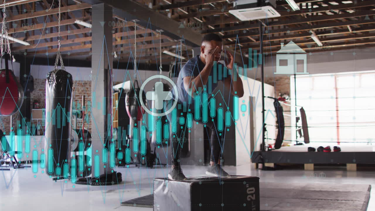 datos financieros y animación del mercado de valores sobre el hombre haciendo ejercicio en el gimnasio