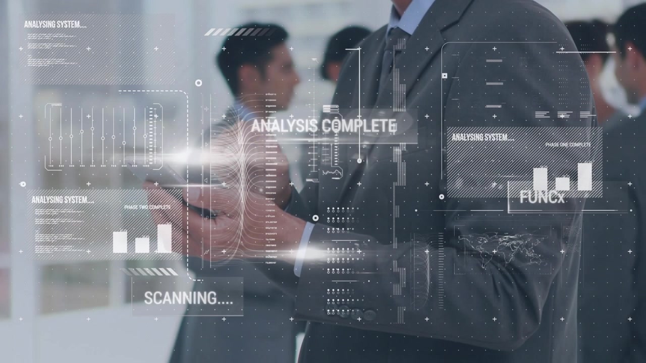 Animation of statistics and financial data processing over businessman using smartphone