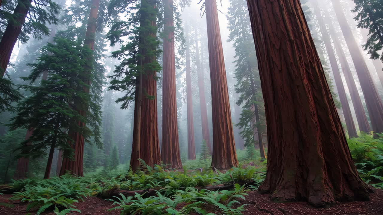 bosque de sequoias en la niebla