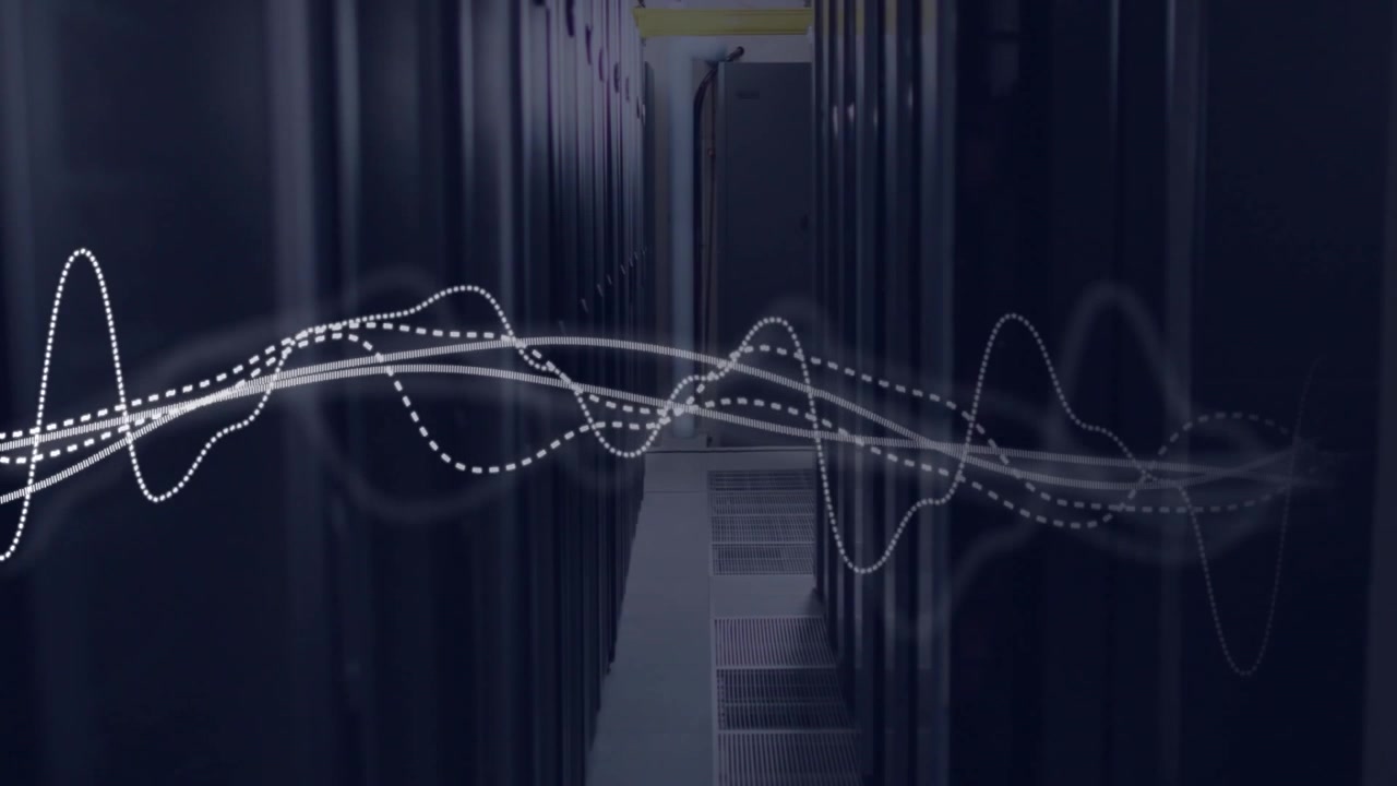 After revealing data center corridor, waveform overlay appearing, pulsing and showing data flow