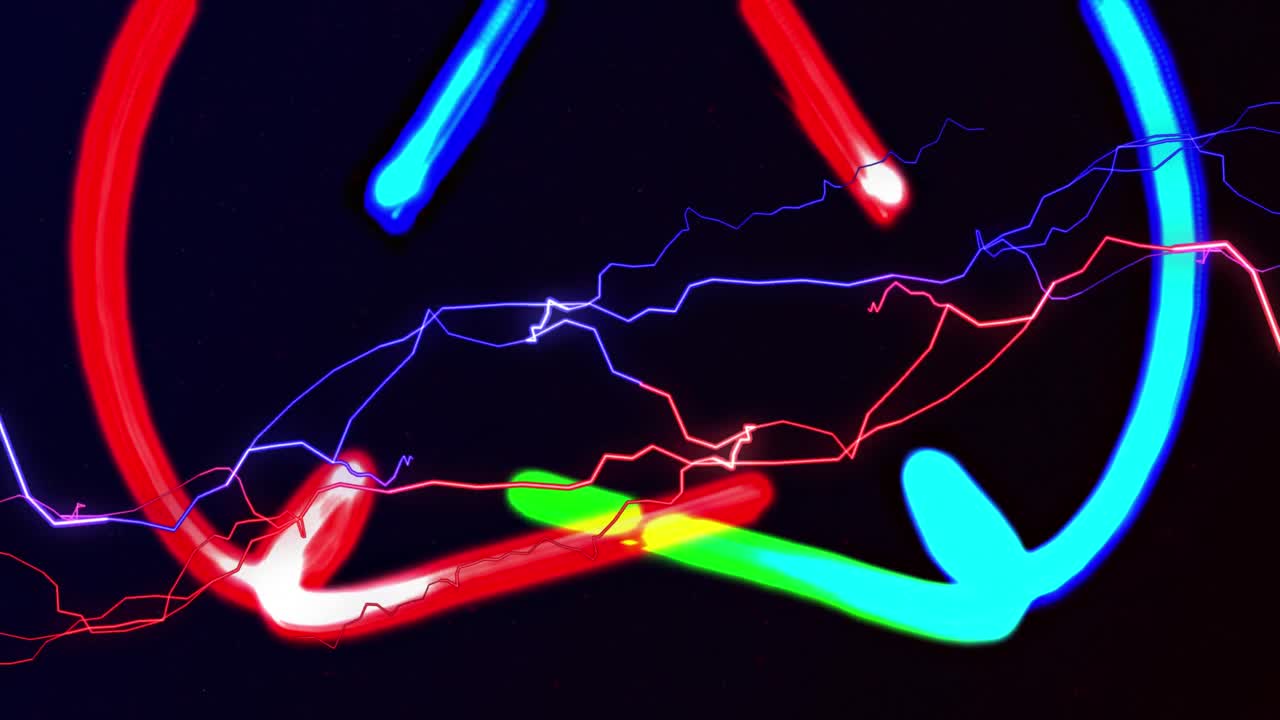 animación de corrientes eléctricas rojas y azules sobre rastros de luz de neón coloridos en negro