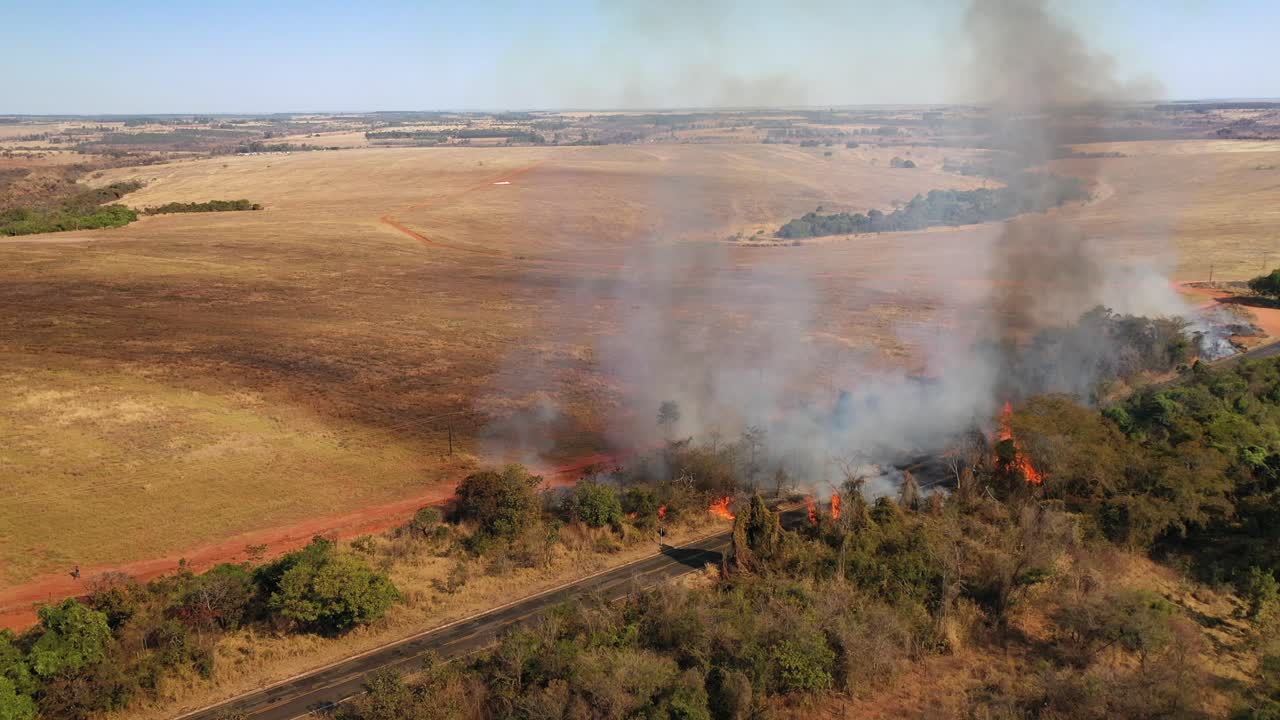 vista aérea del incendio forestal al lado de la carretera, fuego, arbusto, peligro